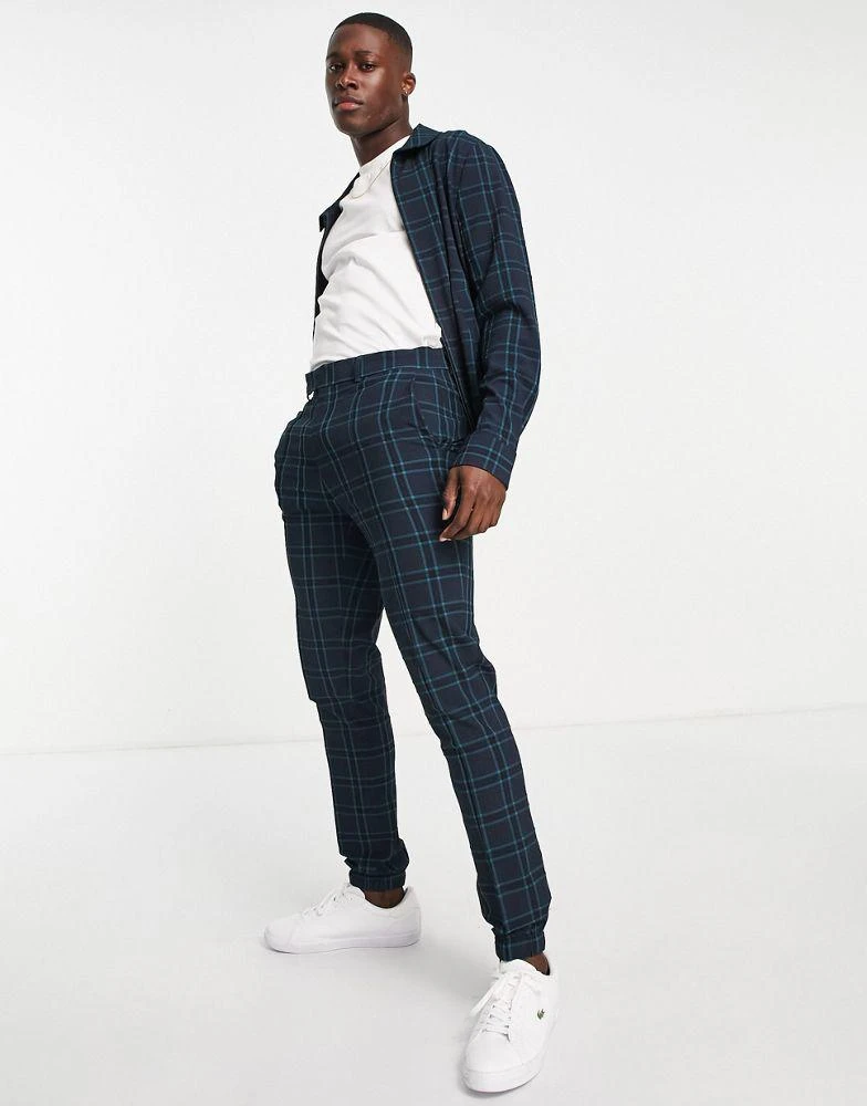 商品ASOS|ASOS DESIGN co-ord smart skinny crepe check trousers with jogger cuff in navy,价格¥221,第3张图片详细描述