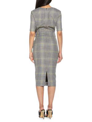 Olive Plaid Draped Midi Sheath Dress商品第2张图片规格展示