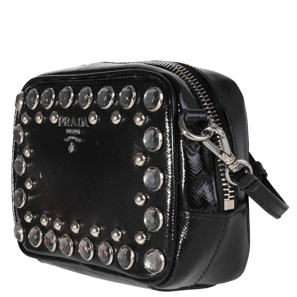 Prada Black Crystal-Embellished Patent Saffiano Leather Mini Camera Bag商品第2张图片规格展示