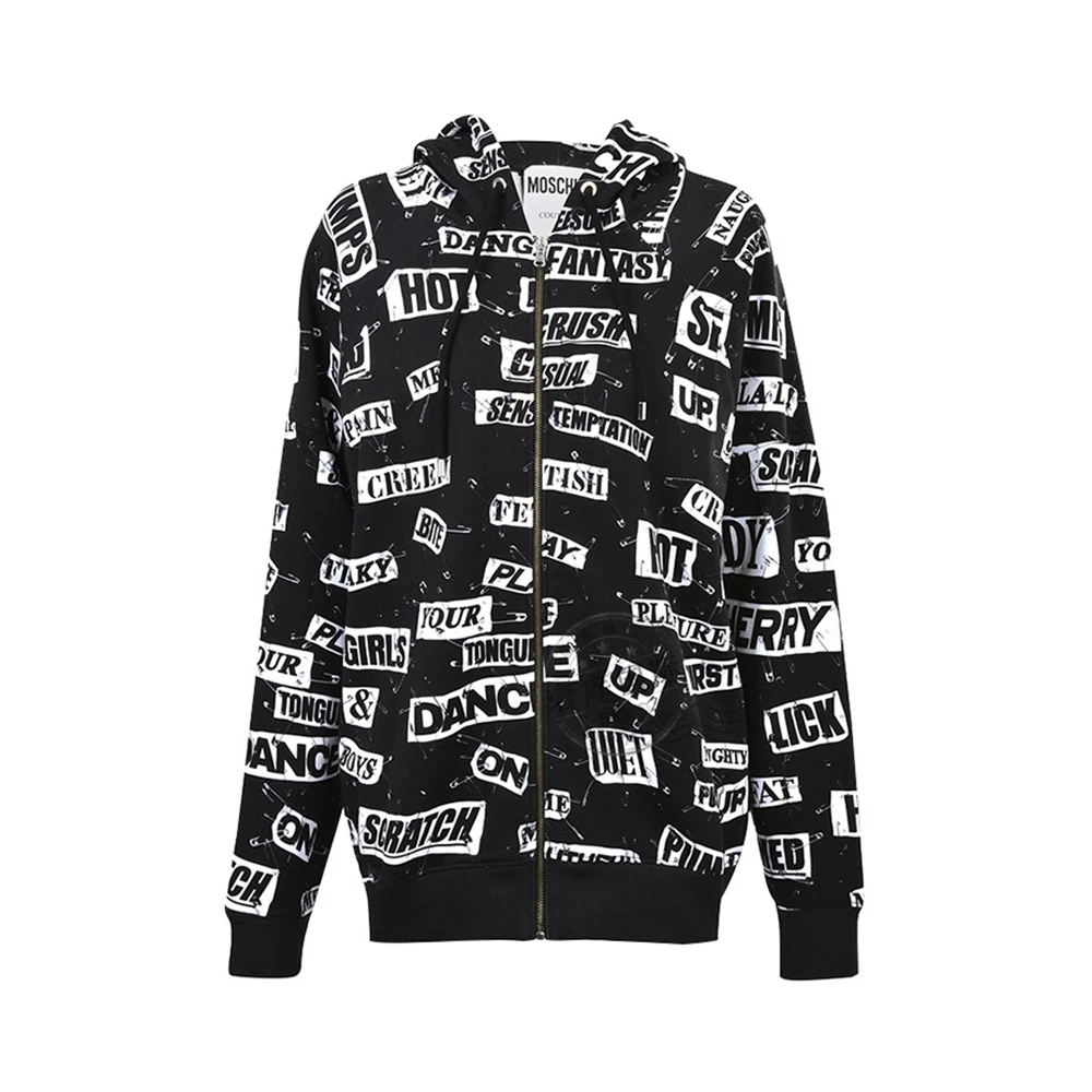 商品Moschino|MOSCHINO 女士黑色别针字母印花拉链长袖连帽卫衣 EJ1710-5527-3555,价格¥2242,第1张图片
