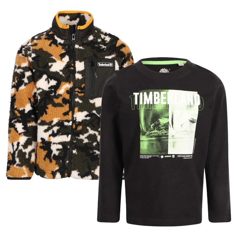 商品Timberland|Camouflage print logo teddy jacket and monogrammed long sleeved t shirt set in brown and black,价格¥1155,第1张图片