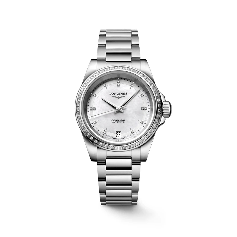 商品Longines|浪琴 女银色不锈钢表带白色表盘自动钻腕表34mm,价格¥26376,第1张图片