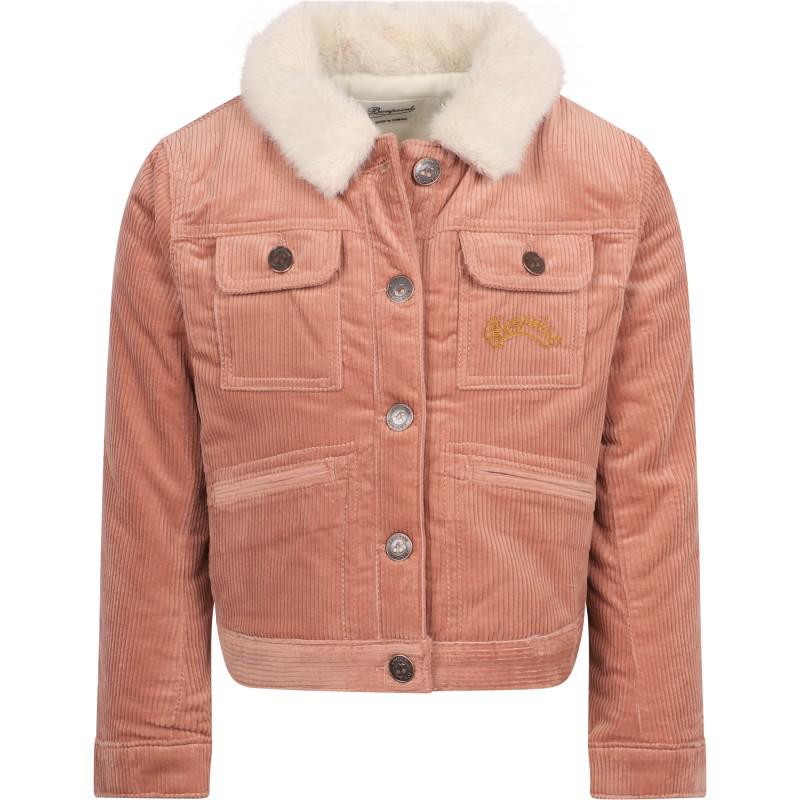 Faux fur collar corduroy logo jacket in pink商品第1张图片规格展示