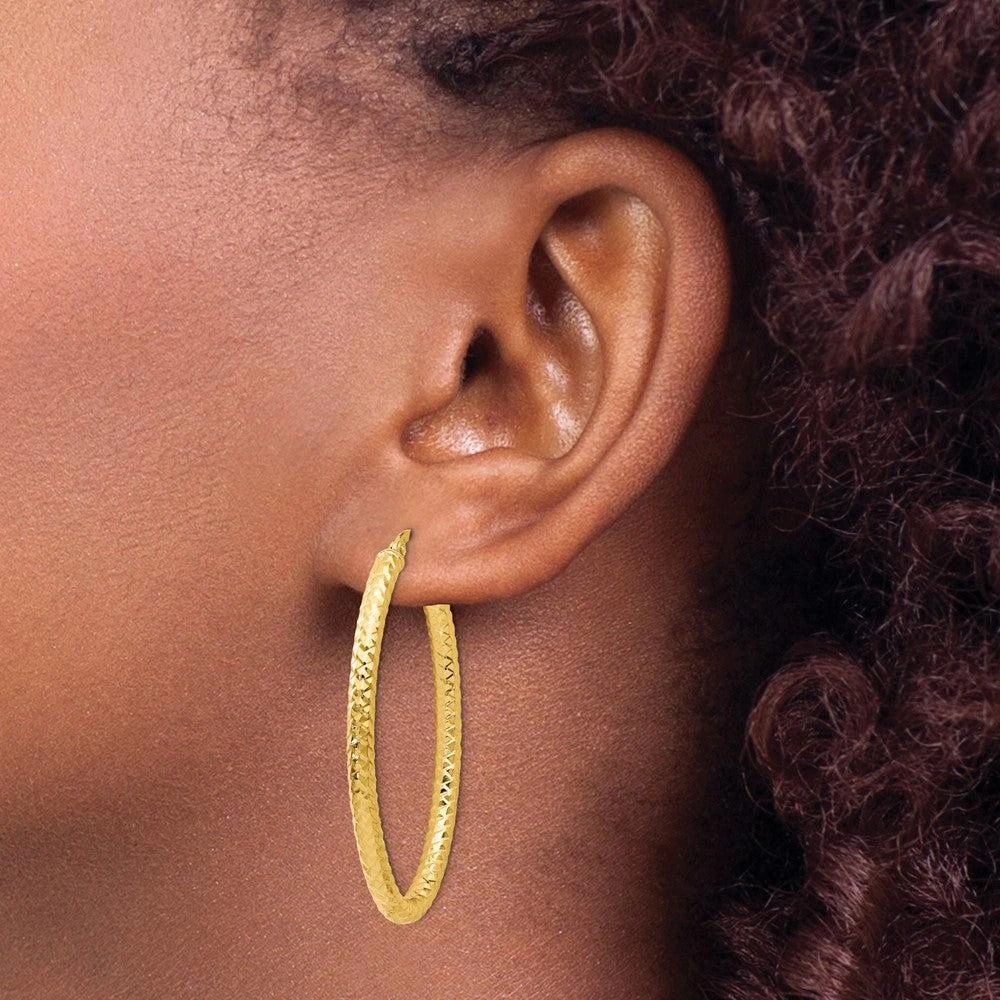 商品Diamond2Deal|14K Yellow Gold Polished and Textured Hoop Earrings 42mm,价格¥4130,第3张图片详细描述