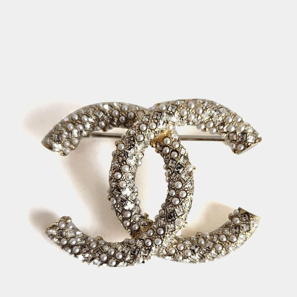 商品[二手商品] Chanel|Chanel Gold Tone CC Crystal/Pearl Embellished Brooch,价格¥8878,第1张图片