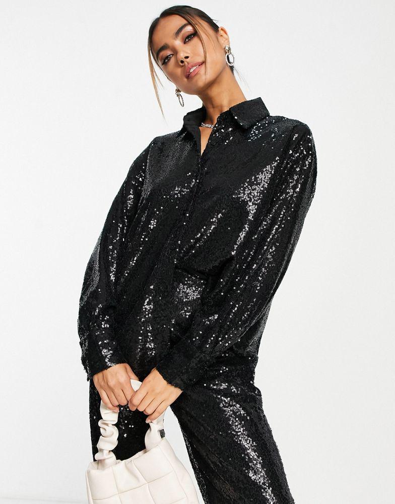 In The Style exclusive sequin oversized shirt dress co-ord in black商品第1张图片规格展示