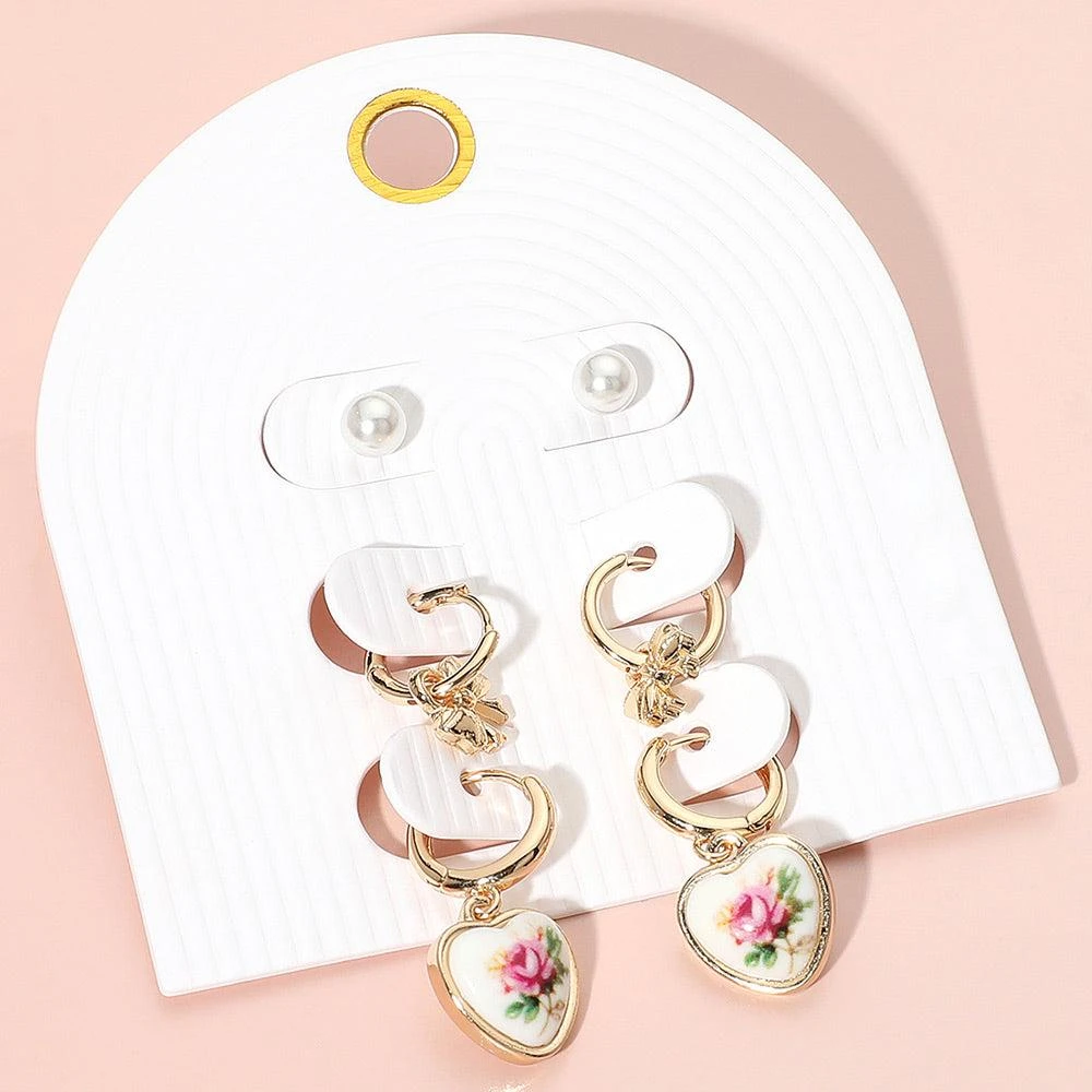 商品FASHNZFAB|3Pairs - Pearl Stud Metal Bow Dangle Floral Ceramic Heart Dangle Earring Set - Gold, Pink,价格¥170,第1张图片详细描述