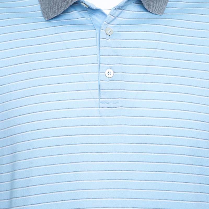 Ermenegildo Zegna Sky Blue Striped Cotton Contrast Collar Polo T-Shirt XXL商品第4张图片规格展示