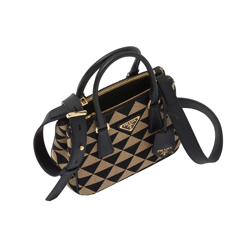 PRADA/普拉达 22新款 Galleria系列 女士黑色/米色拼色刺绣面料配皮手柄拆卸钥匙圈拉链开合金色徽标单肩手提斜挎包1BA906_2FKL_F0Y30_V_XOM 商品
