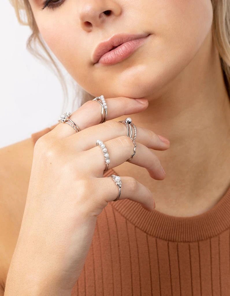 商品Lovisa|Rhodium Diamante and Pearl Ring Pack,价格¥143,第2张图片详细描述
