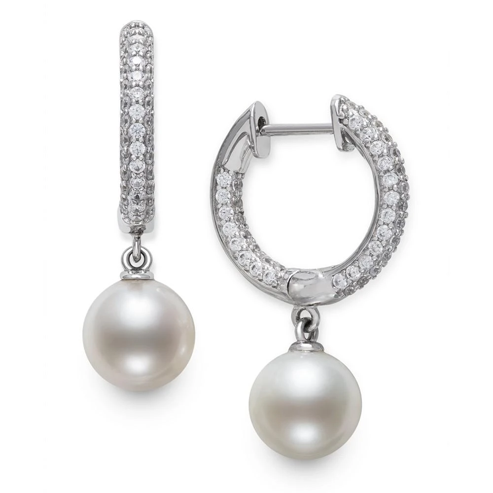 商品Belle de Mer|Cultured Freshwater Pearl (7mm) & Cubic Zirconia Dangle Huggie Hoop Earrings in Sterling Silver, Created for Macy's,价格¥2789,第1张图片