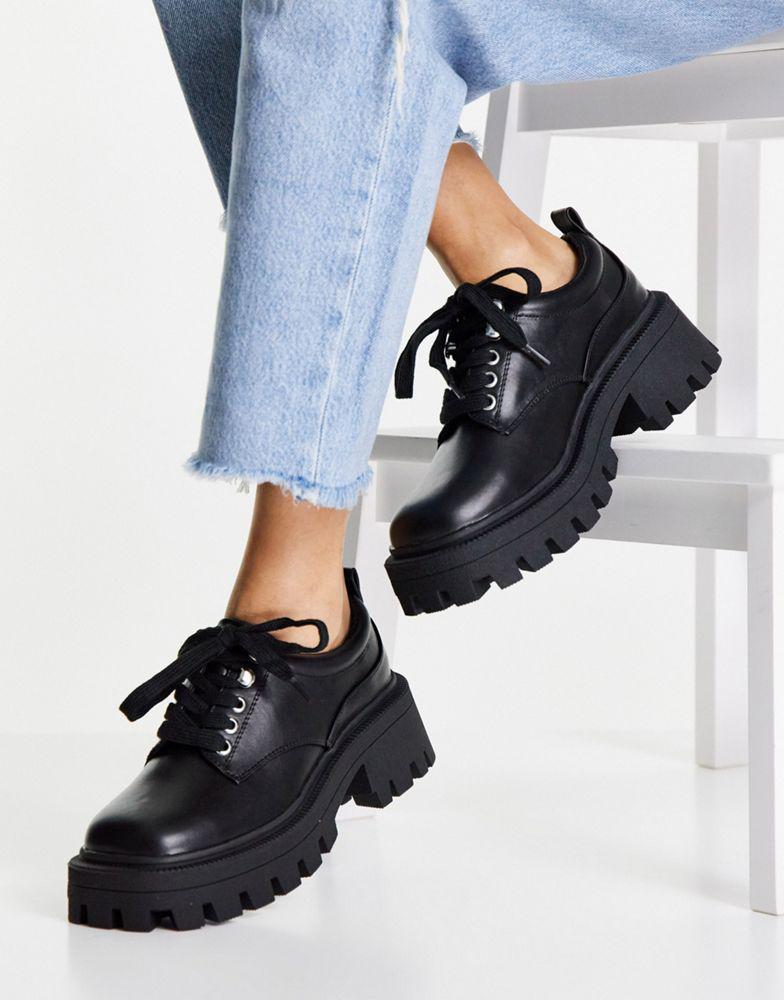 商品[国内直发] ASOS|ASOS DESIGN Moorgate chunky square toe flat shoes in black,价格¥179,第1张图片