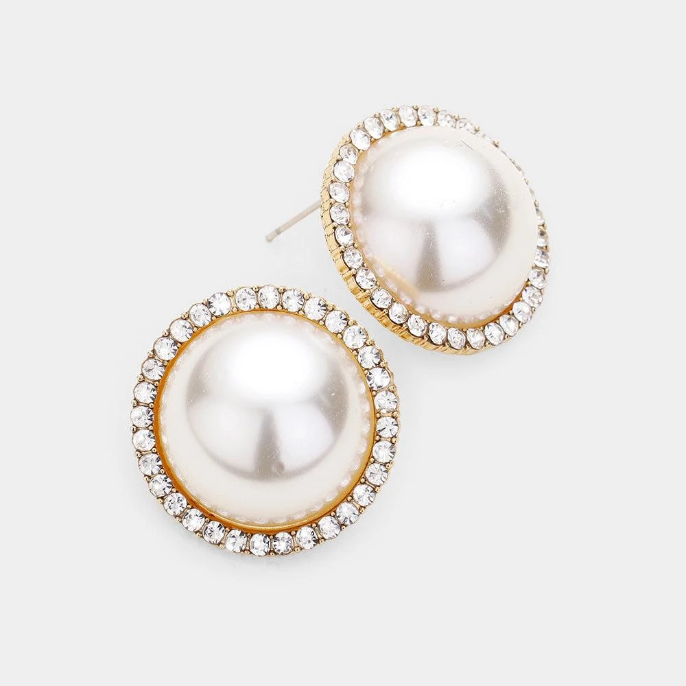 商品FASHNZFAB|Pearl Rhinestone Pave Earrings  - Clear, Cream, Gold,价格¥172,第1张图片详细描述