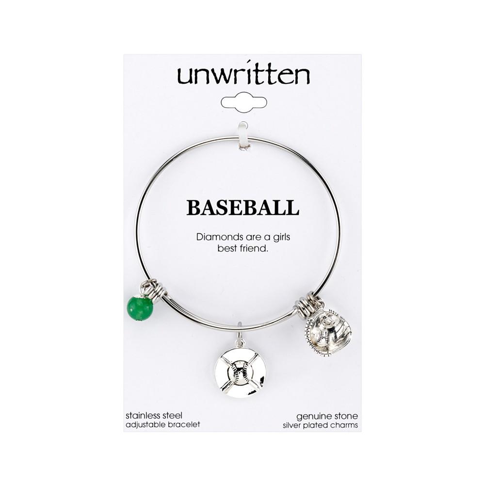 Baseball Charm and Green Aventurine (8mm) Bangle Bracelet in Stainless Steel Silver Plated Charms商品第3张图片规格展示