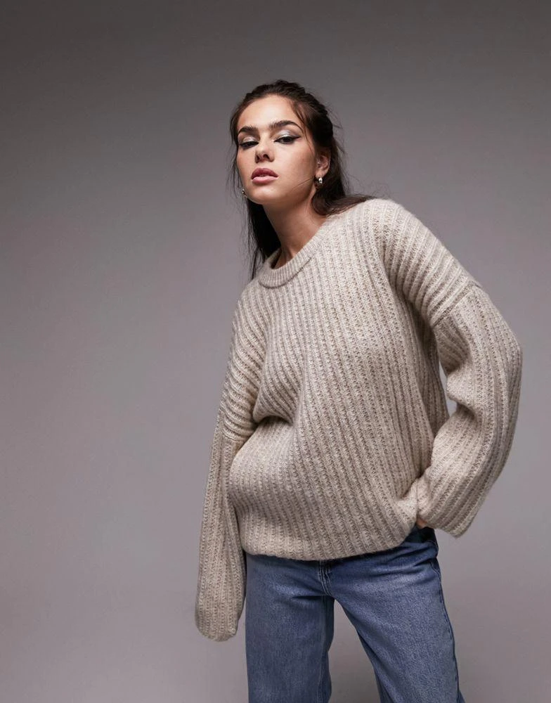 商品Topshop|Topshop knitted ribbed crew jumper in oat,价格¥341,第1张图片