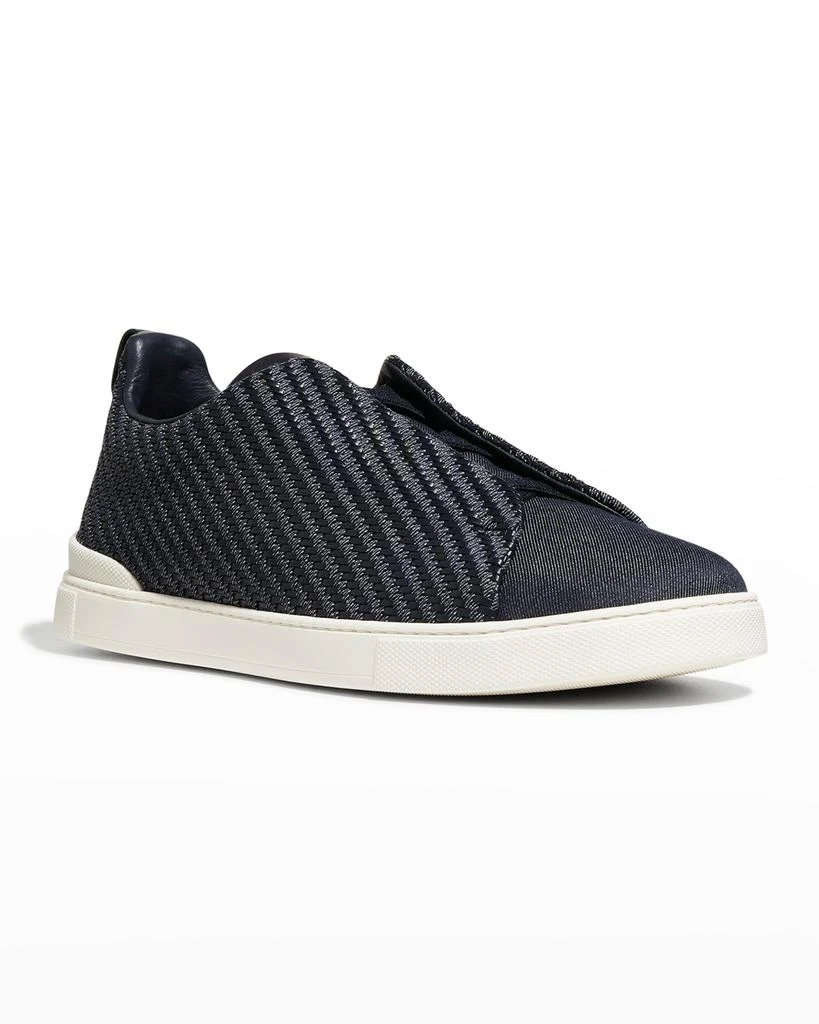商品Zegna|Men's Woven Denim & Leather Low-Top Sneakers,价格¥8784,第2张图片详细描述
