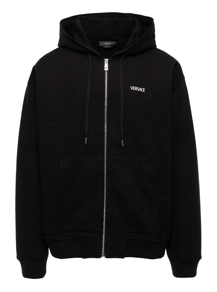 商品Versace|Black Zipped Hoodie With Print And Embroidered Ornaments In Cotton Man Versace,价格¥5417,第1张图片