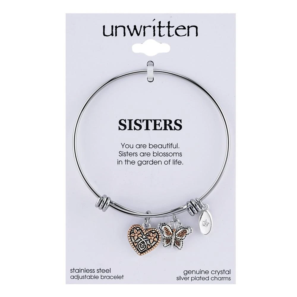 商品Unwritten|Two-Tone Butterfly and Heart "Sisters" Charm Bangle Bracelet with Silver Plated Charms,价格¥412,第3张图片详细描述