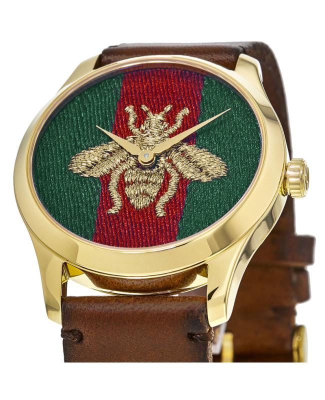 Gucci G-Timeless Gold Tone Green & Red Bee Dial Leather Strap Unisex Watch YA126451A商品第2张图片规格展示