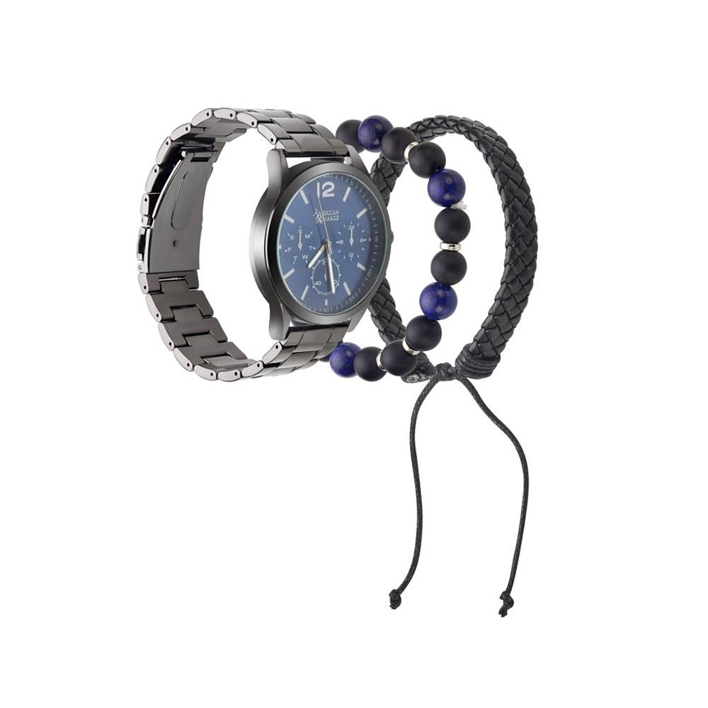 Men's Quartz Movement Shiny Gunmetal Bracelet Analog Watch, 45mm with Stackable Bracelet Set and Zippered Travel Pouch商品第2张图片规格展示