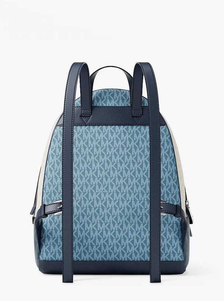MICHAEL KORS  Blue Leather Medium Rhea Backpack w/ SILVER Hardware & MK Card Michael Kors Outlet Rhea Medium Metallic Signature Logo  main image 4