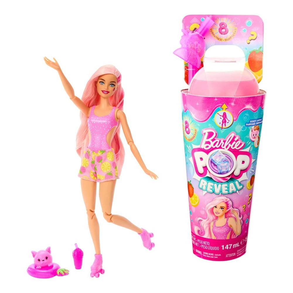 商品Barbie|Pop Reveal Fruit Series Strawberry Lemonade Doll, 8 Surprises Include Pet, Slime, Scent & Color Change,价格¥120,第1张图片