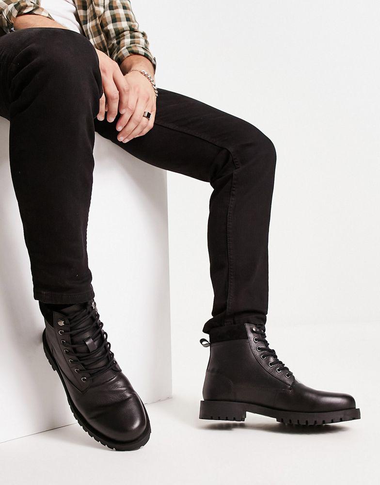 ASOS DESIGN lace up boot in black leather with suede padded collar商品第1张图片规格展示