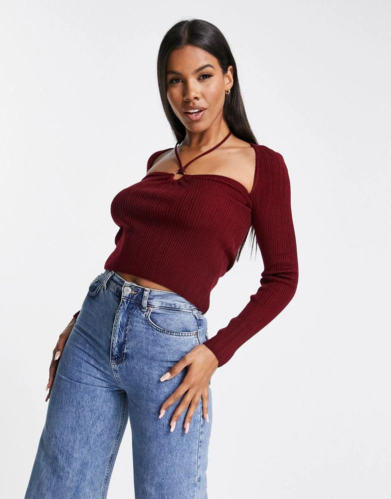 商品ASOS|ASOS DESIGN halter neck jumper with ring detail in dark red,价格¥123,第4张图片详细描述