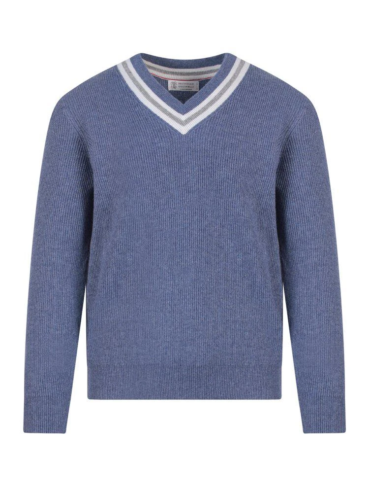 商品Brunello Cucinelli|Brunello Cucinelli V-Neck Striped Trim Jumper,价格¥16202,第1张图片