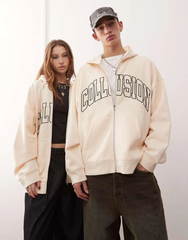商品COLLUSION|COLLUSION Unisex varsity embroidered zip through hoodie in ecru,价格¥262,第1张图片