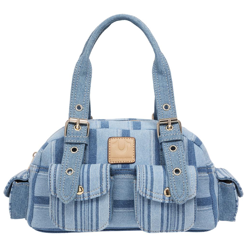 Borsa a mano morbida a righe multicolore – Mini borsa in denim con tasche multiuso image 2