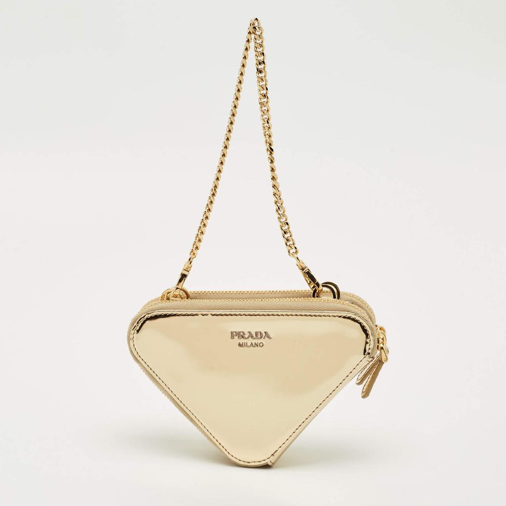 Prada Gold Leather and Satin Crystal Embellished Mini Triangle