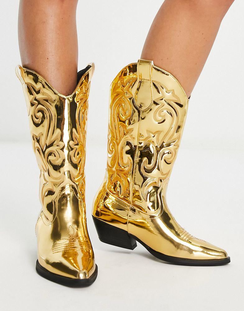 ASOS DESIGN Andi flat western boots in gold mirror商品第2张图片规格展示