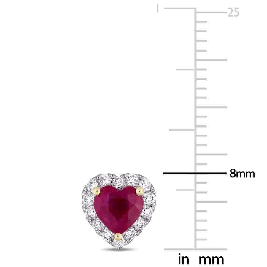 商品Amour|Heart Shape Ruby and 1/3 CT TW Diamond Halo Stud Earrings In 14K White Gold with Yellow Gold Prongs,价格¥6582,第3张图片详细描述