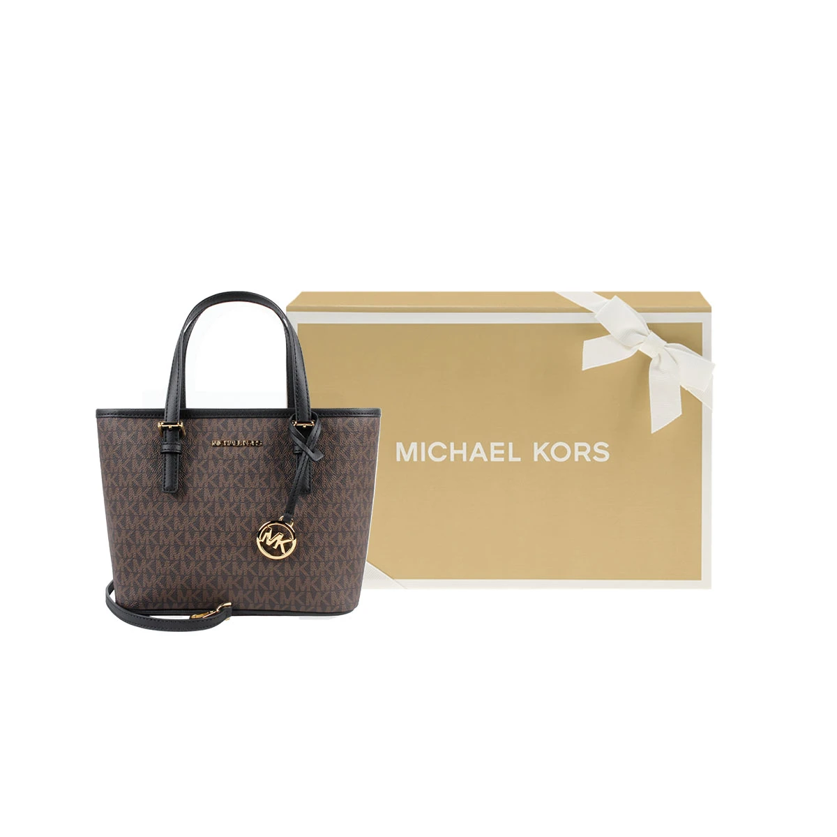 商品[国内直发] Michael Kors|迈克高仕 MK Jet Set 老花拼色 涂层帆布拼皮革饰边 托特包Tote包购物袋单肩斜挎手提包 迷你 女款 黑色拼棕色,价格¥1212,第6张图片详细描述