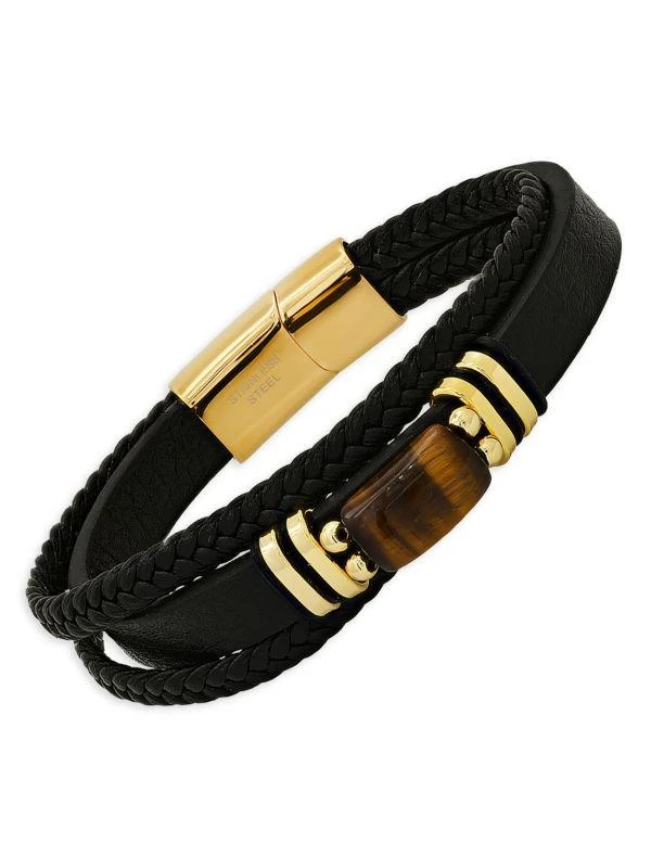 商品Anthony Jacobs|Stainless Steel, Tiger Eye & Leather Bracelet,价格¥534,第2张图片详细描述