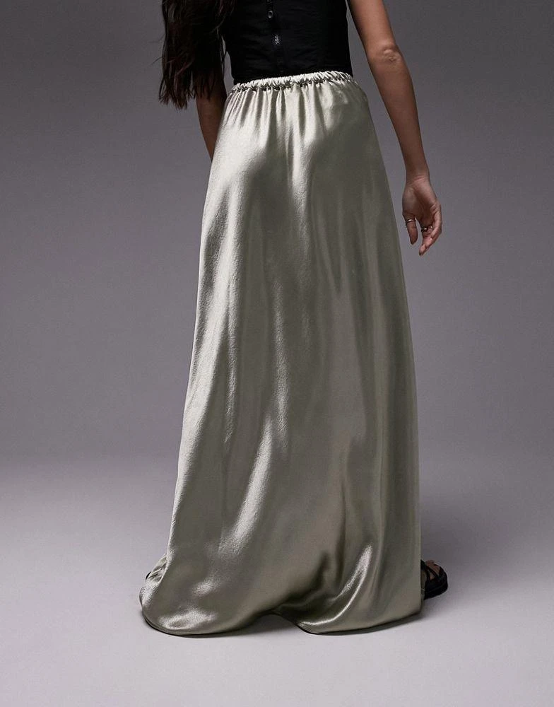 商品Topshop|Topshop drawstring liquid look satin bias maxi skirt in khaki,价格¥264,第4张图片详细描述