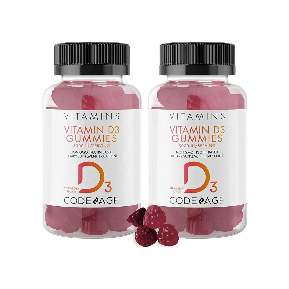商品Codeage|Vitamin D3 Gummies 2-Pack, 5000 IU, Strawberry Flavored Vitamin Supplement -  60ct,价格¥299,第1张图片