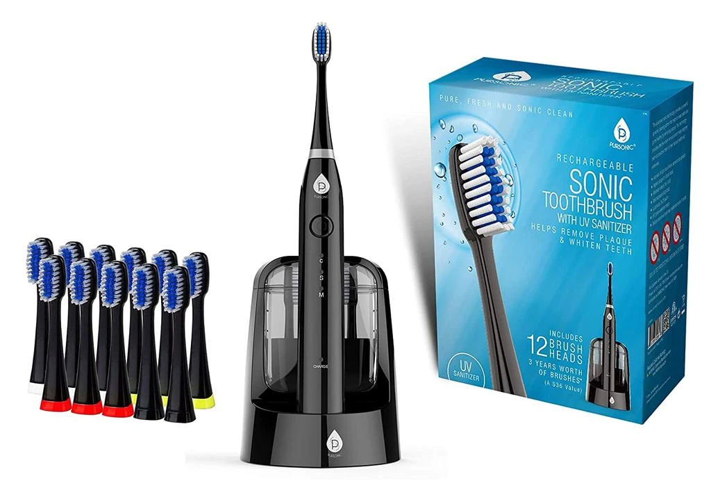 商品PURSONIC|Sonic SmartSeries Electronic Power Rechargeable Battery Toothbrush with UV Sanitizing Function,  Includes 12 Brush Heads,BLACK,价格¥401,第1张图片