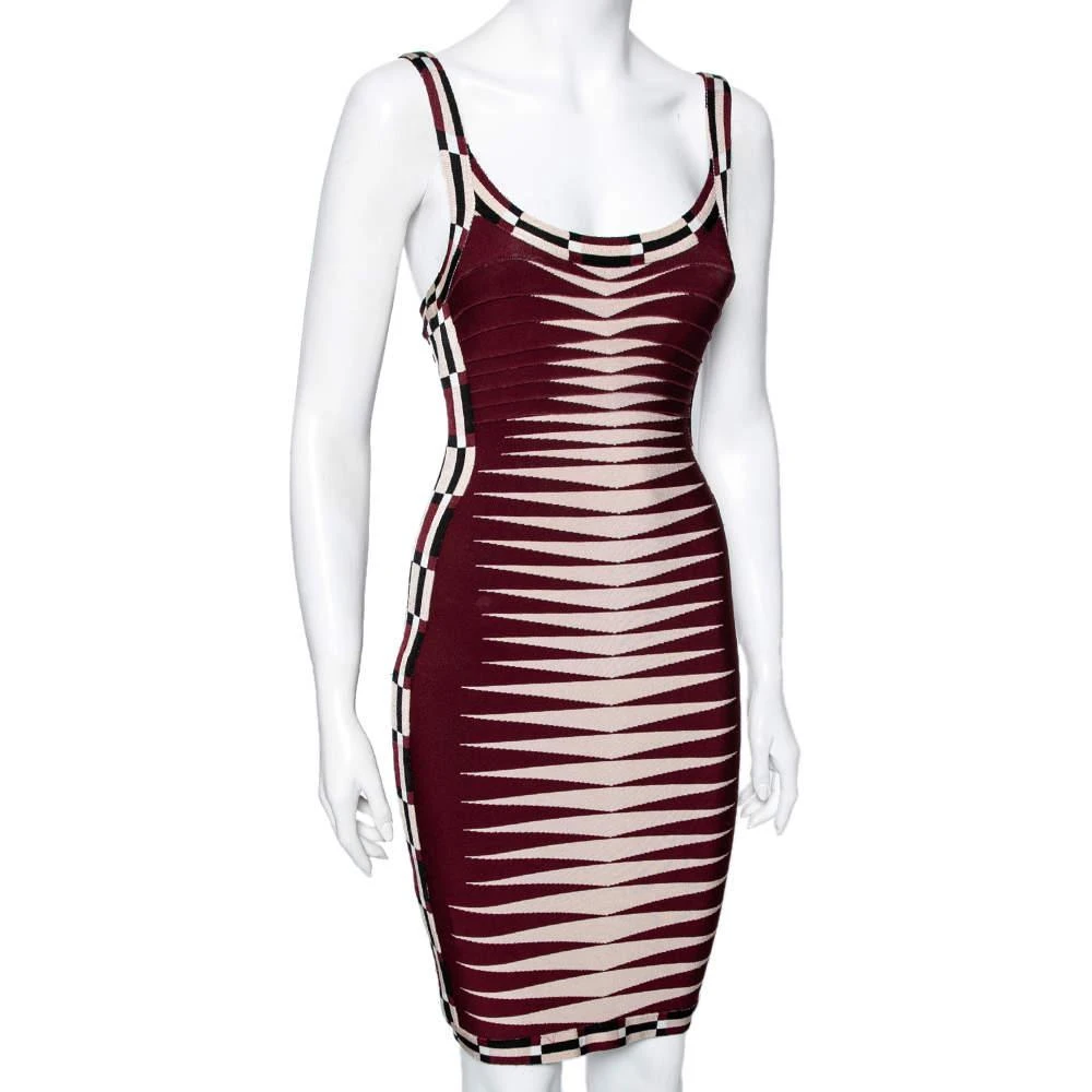 商品[二手商品] Herve Leger|Herve Leger Maroon & Cream Patterned Stretch Knit Karlie Short Dress XS,价格¥1219,第2张图片详细描述