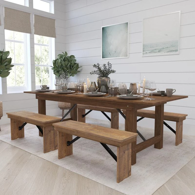 商品Merrick Lane|Marshall 8' x 40" Folding Farmhouse Style Dining Table and Four 40.25"L Bench Set,价格¥10033,第2张图片详细描述