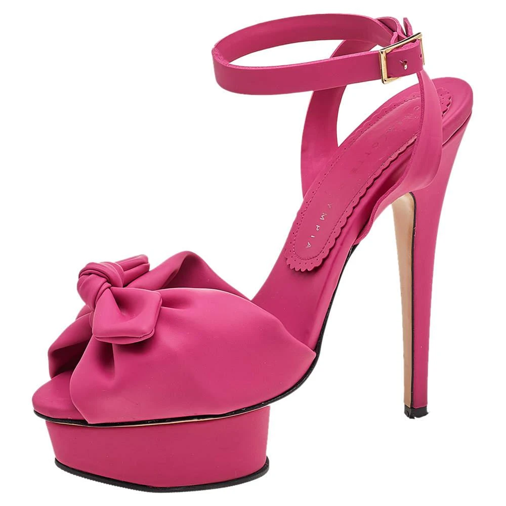商品[二手商品] Charlotte Olympia|Charlotte Olympia Pink Vinyl Serena Bow Ankle Strap Platform Sandals Size 37.5,价格¥1300,第1张图片