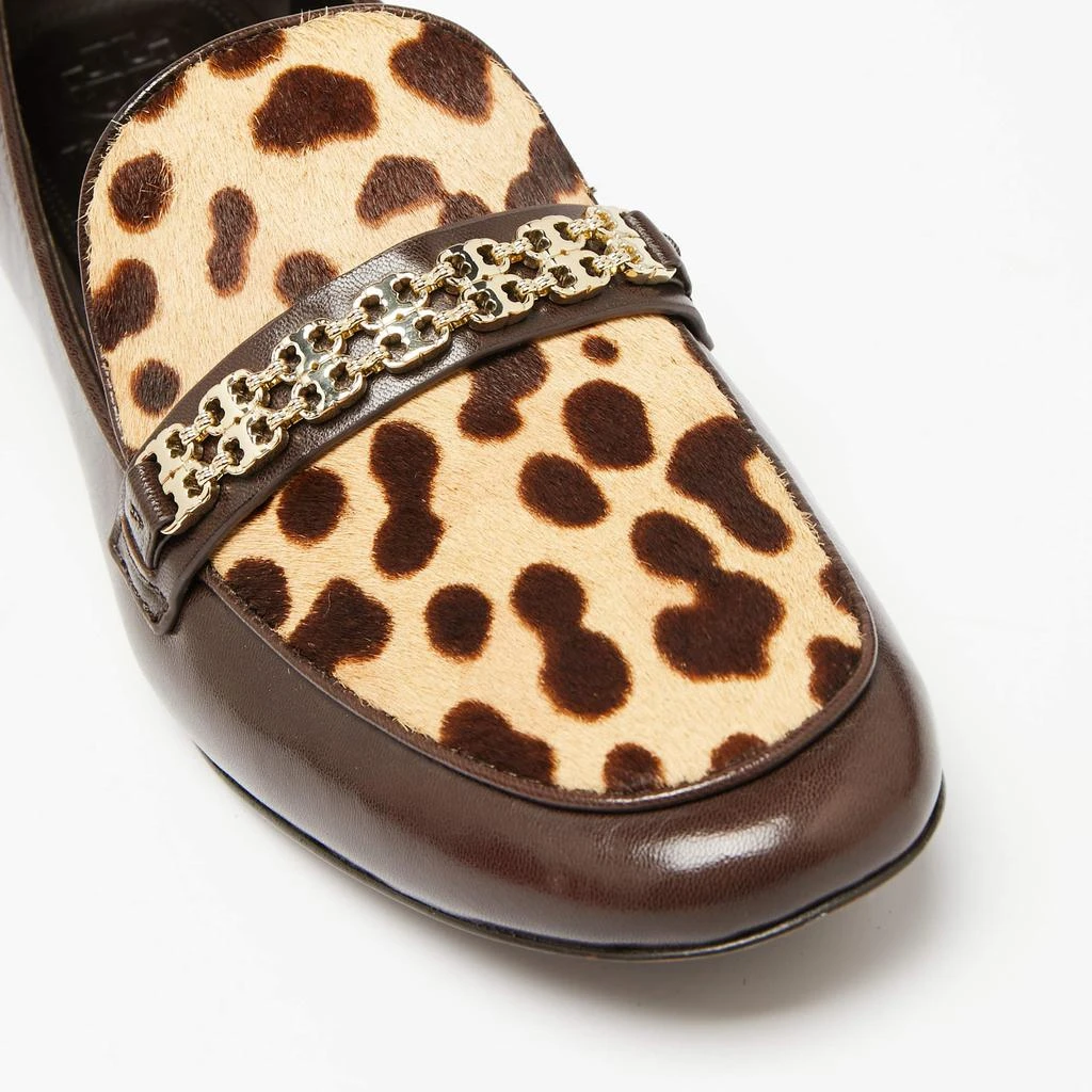 Tory Burch Dark Brown Leather Leopard Print Calf hair Gemini Link Slip On Loafers Size 41 商品