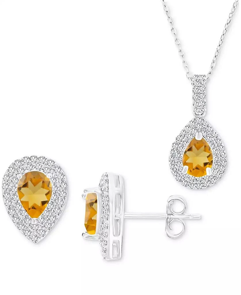 商品Macy's|2-Pc. Set Citrine (1-7/8 ct. t.w.) & Lab-Grown White Sapphire (1 ct. t.w.) Teardrop Halo Pendant Necklace & Matching Stud Earrings in Sterling Silver,价格¥430,第1张图片