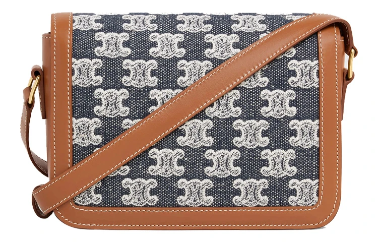 商品[国内直发] Celine|赛琳 Triomphe凯旋门 Teen金色锁扣 刺绣织物拼牛皮革 腋下包手提单肩斜挎包 女款 海��军蓝色/黄褐色,价格¥13353,第6张图片详细描述