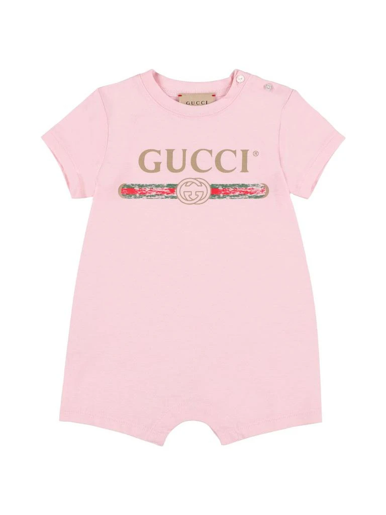 商品Gucci|Logo Print Cotton Romper, Hat & Bib,价格¥2752,第1张图片