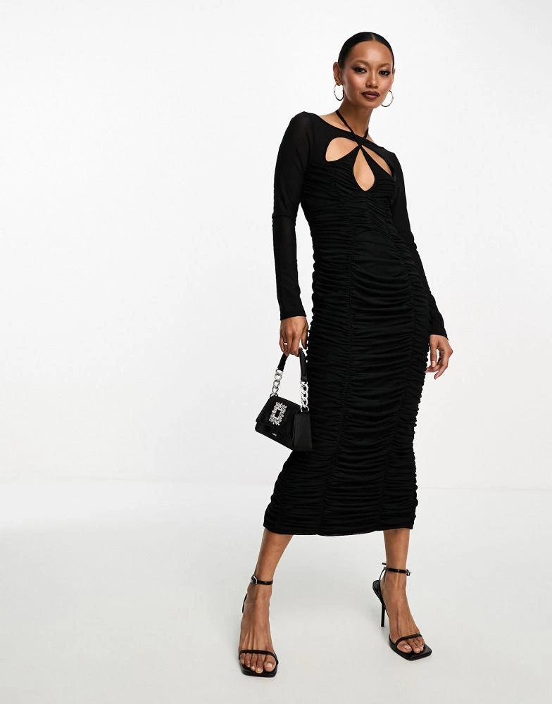 商品ASOS|ASOS DESIGN cut out ruched mesh midi dress in black,价格¥337,第1张图片