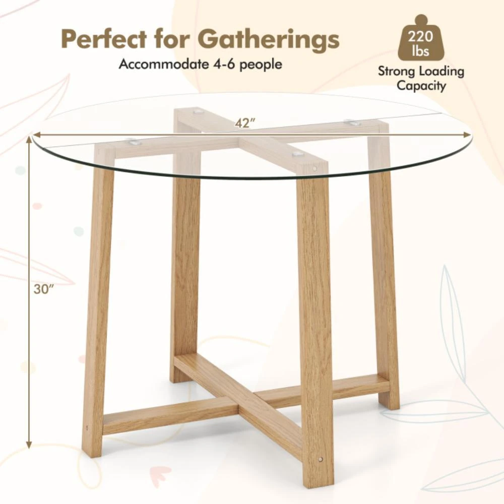 42 Inches Round Glass Dining Table with Tempered Glass Tabletop and Rubber Wood Legs-Natural 商品