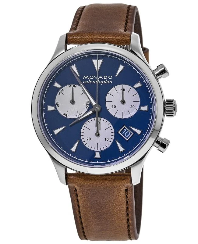 商品Movado|Movado Heritage Calendoplan Quartz Chronograph Blue Dial Leather Strap Men's Watch 3650113,价格¥2512,第1张图片