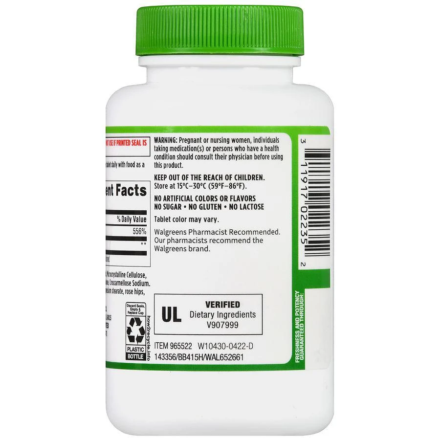 商品Walgreens|Vitamin C with Natural Rose Hips 500 mg Tablets (100 days),价格¥83,第4张图片详细描述